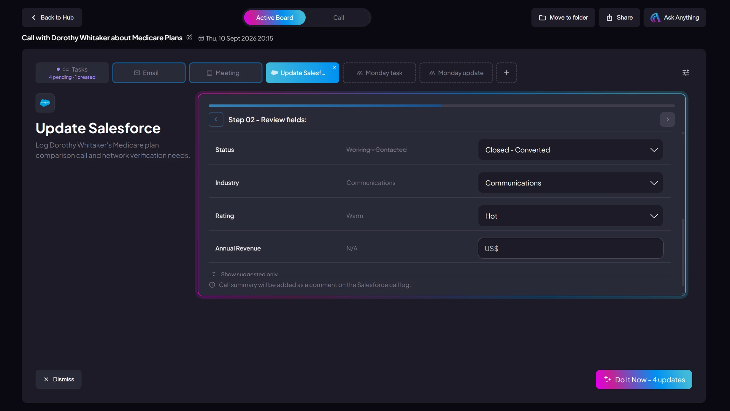 Active Board Salesforce step updating Status, Industry, Rating and Annual Revenue, with the old values struck through and the new values ready to approve.