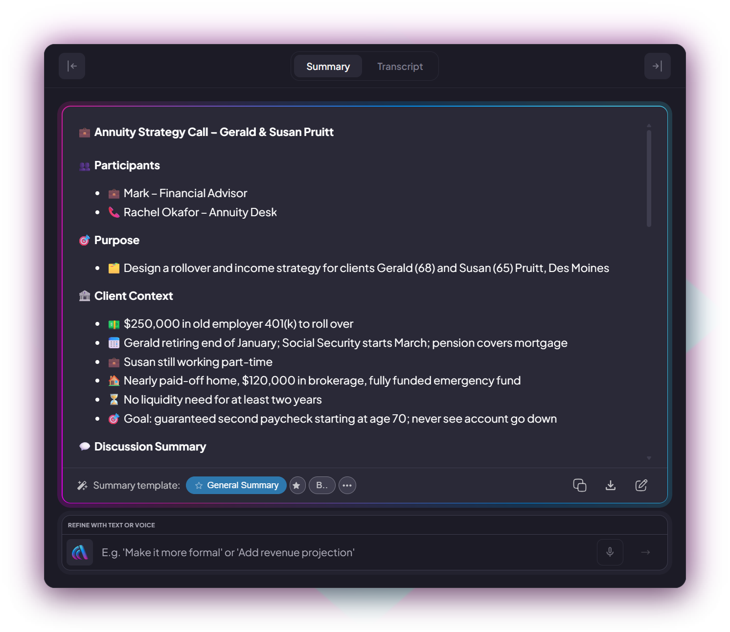Call summary with the participants, the purpose and the client context, and a choice of summary template.